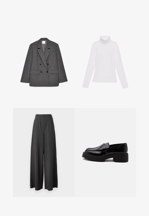 Grå dobbeltknappet blazer lavet af tekstureret stof, med klapkrave, to nederste lommer og sorte knapper foran.; Hvid langærmet turtle-neck top lavet af glat, strækbart stof. Har en høj krave og tætsiddende design, uden synlige mønstre eller udsmykninger.; Sorte vide bukser lavet af et glat stof, med høj talje og plisseret design for ekstra struktur og dybde.; Sort blank læderloafer med chunky sål og lav blokhæl, sidesyning og en bred rem over toppen.