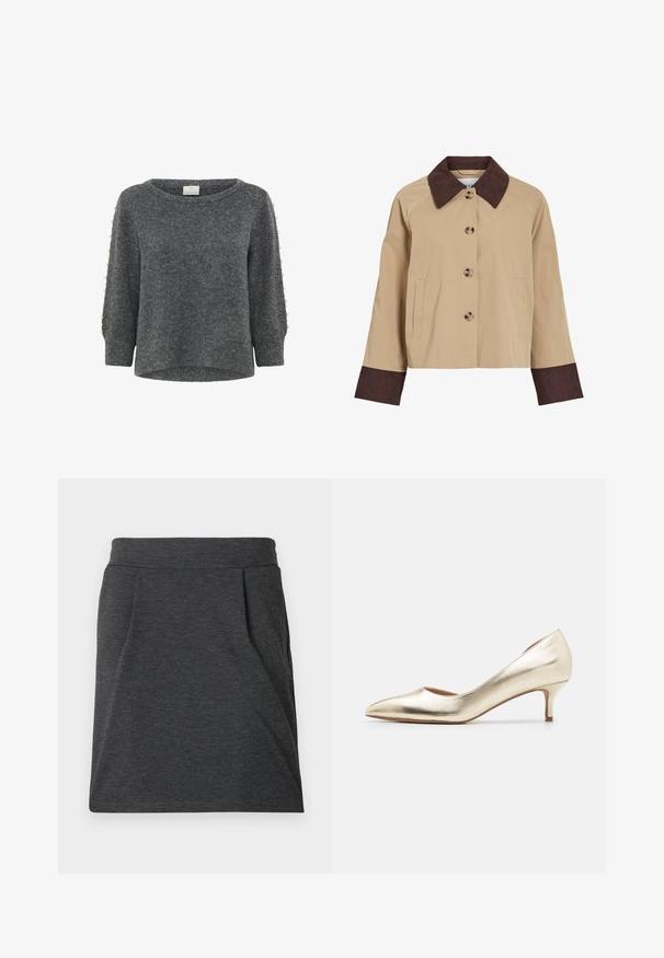 Beige cropped jakke med mørkebrunt cordfløjlsflip og manchetter, fire knapper foran og to sidelommer.; Kaffe KABETTY - Striktrøje - grey melange; Mørkegrå stofnederdel med en tætsiddende talje, prydet med plisseringer for ekstra tekstur. Lige snitdesign, minimalt syninger og ingen mønstre.; Metallic guld højhælede pumps med spids tå, slank hæl, glat tekstur og minimale syninger på overdelen.
