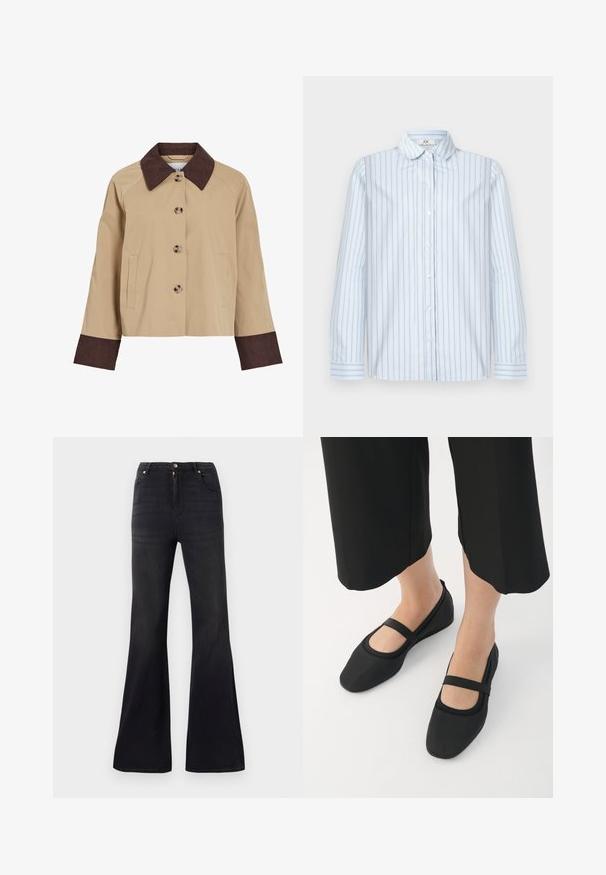 Beige cropped jakke med mørkebrunt cordfløjlsflip og manchetter, fire knapper foran og to sidelommer.; Lyseblå langærmet skjorte med knapper, med tynde lodrette striber i marineblåt og rødt og en spids krave, lagt fladt på en hvid baggrund.; Sorte højtaljede denimjeans med flared ben, frontknap og lynlåslukning samt fem-lommen stil.; Sorte flade sko lavet af glat materiale, med rund tå og en kontrastfuld rem over vristen. Flad sål, minimalistisk design.