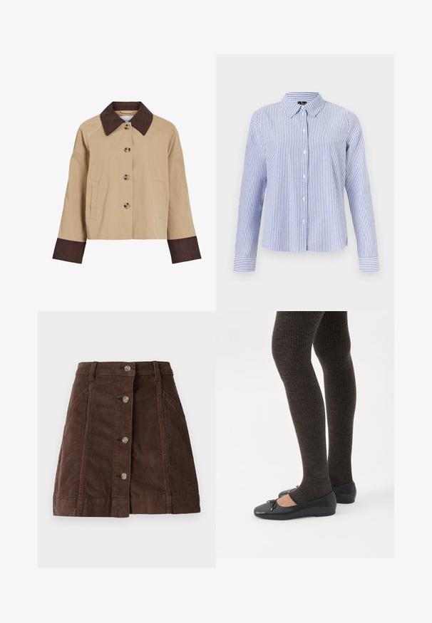 Beige cropped jakke med mørkebrunt cordfløjlsflip og manchetter, fire knapper foran og to sidelommer.; Langærmet skjorte med knapper med hvide og lyseblå lodrette striber og en spids krave vist på en ensfarvet baggrund.; Brun kordfløjl A-formet nederdel med frontknaplukning og sidelommer, der har bæltestropper og vertikale sømdetaljer.; Ben iført mørke ribbede leggings kombineret med sorte balletsko med små sløjfedetaljer på hvid baggrund.
