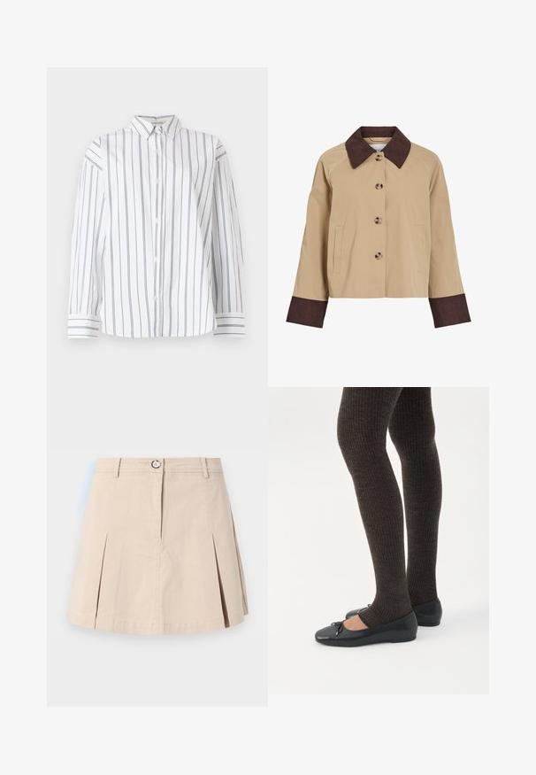 Beige cropped jakke med mørkebrunt cordfløjlsflip og manchetter, fire knapper foran og to sidelommer.; Hvid bomulds skjorte med knapper og lodrette marineblå striber, en klassisk krave og lange ærmer med stribede manchetter. Blød tekstur.; Beige kort nederdel med forreste plisseringer, knap, lynlås og bæltestropper, vist mod en ensfarvet lys baggrund.; Ben iført mørke ribbede leggings kombineret med sorte balletsko med små sløjfedetaljer på hvid baggrund.