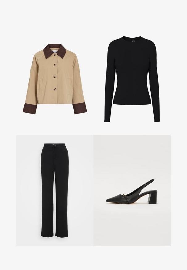 Beige cropped jack met donkerbruine corduroy kraag en manchetten, vier knopen aan de voorkant en twee zijzakken.; Zwart, aansluitend dameshemd met lange mouwen en ronde hals, gladde stof zonder zichtbare patronen of versieringen.; Zwarte, rechte broek gemaakt van lichtgewicht stof, met een knoopsluiting en een minimalistisch ontwerp zonder zichtbare patronen of accenten.; Zwarte leren slingback hak schoen met een spitse neus, een kleine voorriem en een blokhak. Glad textuur met gouden accentdetails.