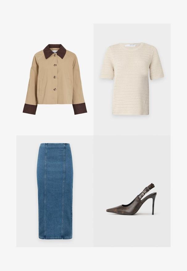 Beige cropped jack met donkerbruine corduroy kraag en manchetten, vier knopen aan de voorkant en twee zijzakken.; Gehaakte trui met korte mouwen in off-white, voorzien van een gestructureerd patroon met een ronde halslijn en ribgebreide manchetten voor extra stevigheid.; Blauwe denim strakke rok met verticale naden en een hoge taille, vallend onder de knie, weergegeven op een witte achtergrond.; Bruine leren slingback high heel schoenen met puntige neus, verstelbare gespsluiting en zwarte stilettohak op een effen achtergrond.