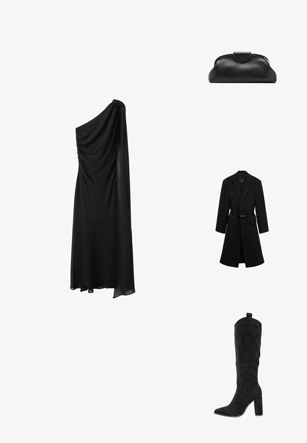 Sort skrædderjakke med bæltestrop i taljen, spids lapels og to forlommer. Glat stof med en struktureret silhuet.; Sort, en-shoulder kjole med draperet stof, plisseringer på bodice og en svajende skørt. Glat materiale og ankel-længde design.; Knæhøje sorte støvler i ruskind med spids tå, tyk blokhæl og syninger på siderne. Træksnor øverst for nem påtagning.; Sort læderclutch med guldfarvet metalramme og tryklukning på hvid baggrund.
