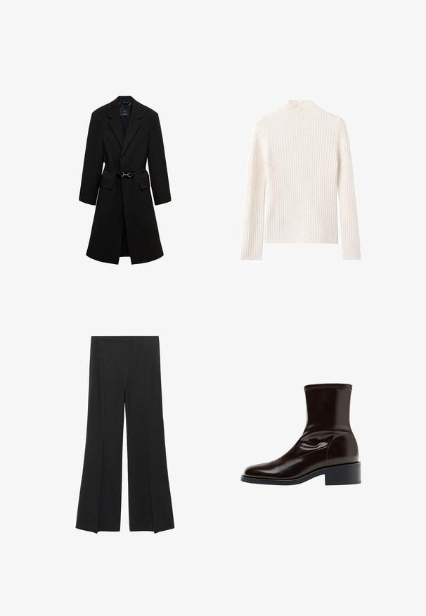 Sort skrædderjakke med bæltestrop i taljen, spids lapels og to forlommer. Glat stof med en struktureret silhuet.; Ribstrikket rullekravesweater i off-white, lavet af blødt strikstof. Har lange ærmer og en tætsiddende silhuet.; Sorte brede bukser med diskrete lodrette striber og elastisk talje, præsenteret fladt på en hvid baggrund.; Mørkebrun læderankelstøvle med firkantet tå, lav blokhæle og stikning langs øverste kant, vist i sideprofil.