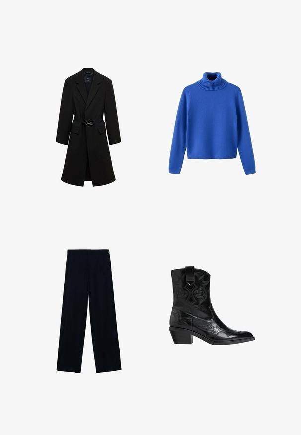 Sort skrædderjakke med bæltestrop i taljen, spids lapels og to forlommer. Glat stof med en struktureret silhuet.; Blå turtleneck sweater lavet af blødt strikstof. Har en ribbet krave, lange ærmer og en cropped kant for en moderne pasform.; Sorte brede benbukser med høj talje og lige kant, vist fladt mod en hvid baggrund.; Sort læder cowboystøvle med spids tå, dekorativ syning og lav blokhæl. Har et pull tab for nem påtagning.