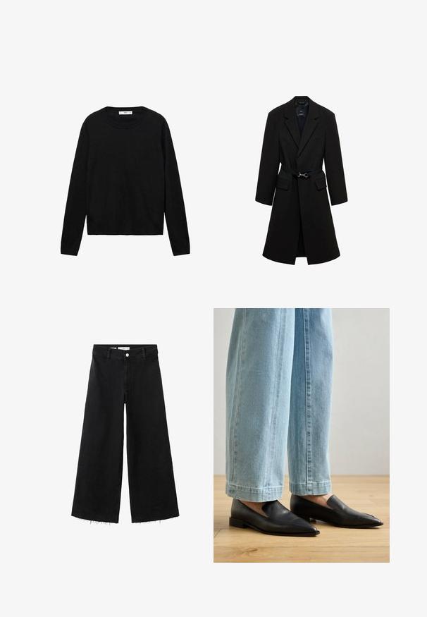 Sort skrædderjakke med bæltestrop i taljen, spids lapels og to forlommer. Glat stof med en struktureret silhuet.; Sort langærmet sweater lavet af blødt materiale med rund hals og ribbede manchetter, med et enkelt og lige snit design.; Sorte viddebenede cropped jeans med rå kant, forreste knap, lynlås og bæltestropper.; Sorte lædersko med spids tå og slip-on design, parret med lyseblå bredbenede jeans, på et trægulv.