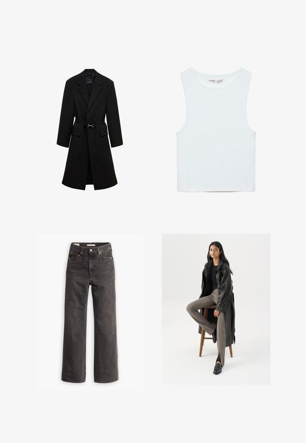 Sort skrædderjakke med bæltestrop i taljen, spids lapels og to forlommer. Glat stof med en struktureret silhuet.; Hvid ærmeløs crop top med rund halsudskæring, lavet af glat stof, mærket Pull&Bear, egnet til afslappet brug.; Højtaljede, vide jeans i mørkegrå denim, med forlommer, kontrastfarvede kobbernitter og en ren finish uden pynt.; Sort læder trench coat med knapper og bælte detalje, parret med lysebrune tætsiddende bukser og sorte loafers, siddende på en træstol.