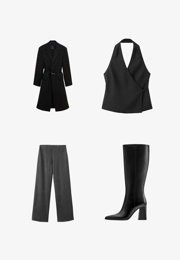 Sort skrædderjakke med bæltestrop i taljen, spids lapels og to forlommer. Glat stof med en struktureret silhuet.; Sort ærmeløs wrap-top med halterneck og sidebindedetalje på hvid baggrund.; Bredde bukser lavet af mørkegrå stof med en glat tekstur. Har en mellemhøj talje og ingen synlige lukninger eller udsmykninger.; Sort læderstøvle til midt på læggen med spids tå og chunky blokhæl, vist i profil på hvid baggrund.