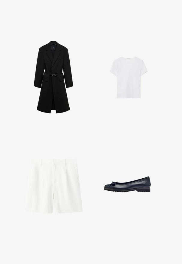 Manteau noir ajusté avec une taille ceinturée, des revers crantés, et deux poches avant. Tissu lisse avec une silhouette structurée.; T-shirt blanc à manches courtes en tissu doux. Dispose d'un col rond et d'un design simple et épuré avec un ourlet droit.; Shorts blancs décontractés avec passants de ceinture, fermeture éclair à l'avant et poches latérales, présentés à plat sur fond blanc.; Ballerines en cuir bleu marine avec un petit nœud, bout rond et semelle texturée avec un petit talon.