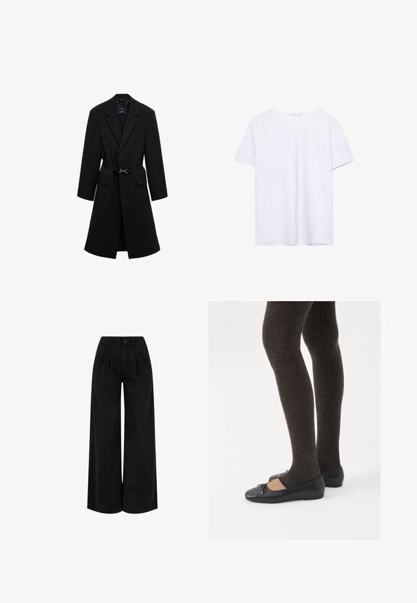Sort skrædderjakke med bæltestrop i taljen, spids lapels og to forlommer. Glat stof med en struktureret silhuet.; Simpel hvid kortærmet t-shirt med rund hals og lige kant, præsenteret på en hvid baggrund.; Sorte bukser med høj talje og vide ben med forreste plisseringer, knaplukning og bæltestropper, vist mod en hvid baggrund.; Ben iført mørke ribbede leggings kombineret med sorte balletsko med små sløjfedetaljer på hvid baggrund.