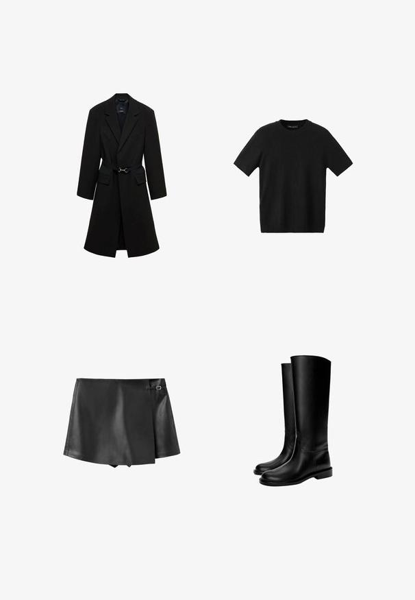 Manteau noir ajusté avec une taille ceinturée, des revers crantés, et deux poches avant. Tissu lisse avec une silhouette structurée.; T-shirt noir en maille à manches courtes avec un col rond, doté d'une coupe ajustée et d'une texture lisse, idéal pour un look décontracté.; Mini-jupe noire en simili cuir avec un rabat avant chevauchant et un petit détail boucle sur le côté.; Bottes en cuir noires montant jusqu'au genou avec une texture lisse, bout rond, semelle plate et design minimaliste, comprenant des coutures cousues et aucun matériel visible.