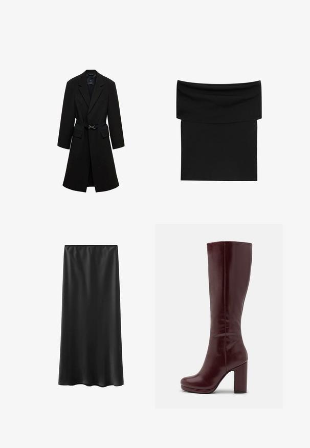 Sort skrædderjakke med bæltestrop i taljen, spids lapels og to forlommer. Glat stof med en struktureret silhuet.; Sort off-shoulder tætsiddende mini-nederdel med en bred foldet talje og glat tekstur.; Sort, gulvlængde nederdel lavet af glat, let materiale, med elastik i taljen og et enkelt design. Ingen synlige mønstre eller detaljer.; Anna Field by Zalando Højhælede støvler - red