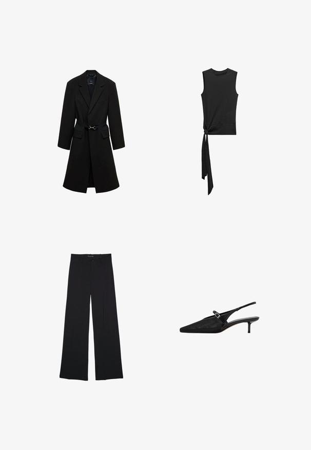Manteau noir ajusté avec une taille ceinturée, des revers crantés, et deux poches avant. Tissu lisse avec une silhouette structurée.; Mango Débardeur - black; Pantalon noir à jambes larges avec passants de ceinture, bouton frontal et fermeture éclair, étalé à plat sur un fond blanc.; Talons aiguilles noires à bride arrière, avec un bout pointu, une tige en mesh texturé, une fine sangle ajustable avec une boucle en argent et un talon aiguille de 5 cm.