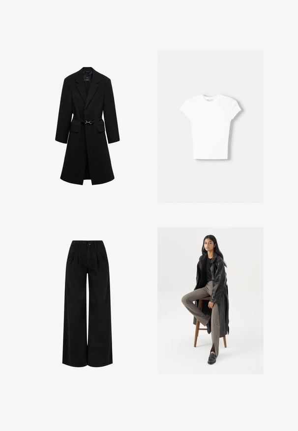 Manteau noir ajusté avec une taille ceinturée, des revers crantés, et deux poches avant. Tissu lisse avec une silhouette structurée.; T-shirt blanc à manches courtes en coton doux, avec un col rond et une coupe ajustée. Pas de motifs ni d'ornements visibles.; Pantalon noir taille haute à jambes larges avec plis devant, fermeture à boutons et passants pour ceinture, présenté sur fond blanc.; Manteau trench en cuir noir avec des boutons et une ceinture, associé à un pantalon ajusté marron clair et des mocassins noirs, assis sur un tabouret en bois.