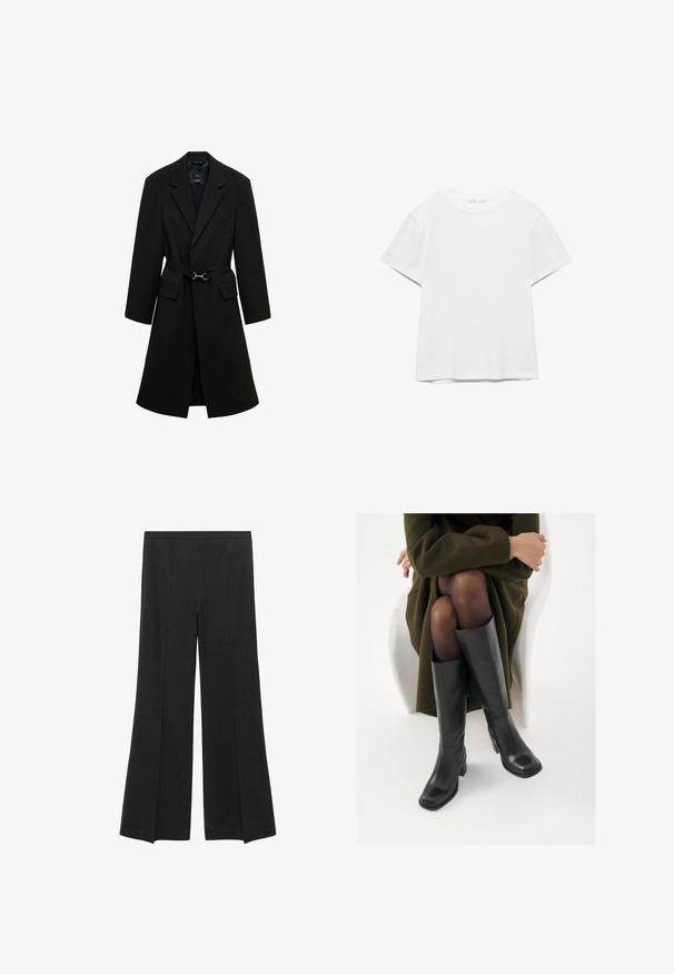 Sort skrædderjakke med bæltestrop i taljen, spids lapels og to forlommer. Glat stof med en struktureret silhuet.; Hvid, kortærmet T-shirt med rund hals og lige kant, vist på en hvid baggrund.; Sorte brede bukser med diskrete lodrette striber og elastisk talje, præsenteret fladt på en hvid baggrund.; Knæhøje sorte læder støvler med firkantet tå og blokhæl, vist med en model siddende i en olivengrøn frakke. Glat tekstur, minimal detaljer.
