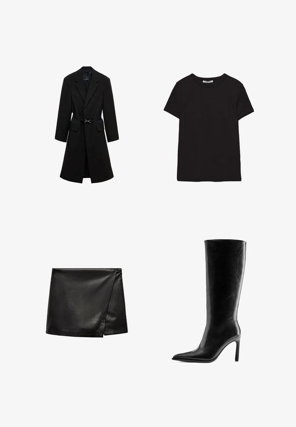 Manteau noir ajusté avec une taille ceinturée, des revers crantés, et deux poches avant. Tissu lisse avec une silhouette structurée.; T-shirt noir en coton à manches courtes avec encolure ronde, coupe standard et étiquette intérieure visible au niveau du col.; Mini-jupe en cuir noir avec un design à enfiler, présentant une texture lisse et un style minimaliste. Aucun matériel ou motif visible.; Bottes en cuir noir montantes jusqu’au genou avec talon haut, bout pointu et talon aiguille fin, vues de côté sur fond blanc.