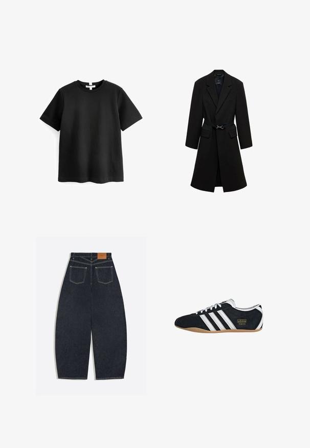 Sort skrædderjakke med bæltestrop i taljen, spids lapels og to forlommer. Glat stof med en struktureret silhuet.; Sort kortærmet t-shirt lavet af bomuld. Rund halsudskæring med en lige kant og uden synlige mønstre eller grafik. Blød, glat tekstur.; Mørkeblå vidde denimjeans set bagfra med to påsyede lommer og et brunt lædermærke på linningen.; Sort ruskinds sneaker med hvide tre striber, guldlogo og en brun gummisål. Har et lavprofil snørebåndsdesign.