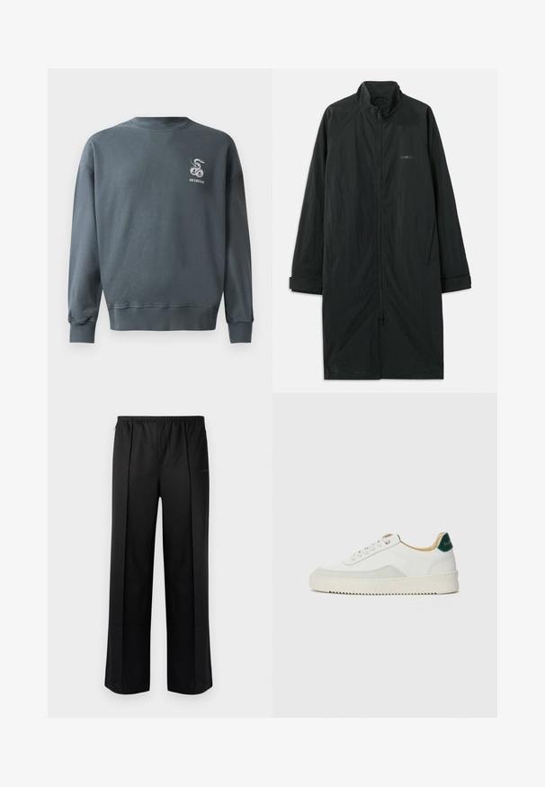 Mustad must coat kõrge kaelusega, millel on täielik esinevet zipper ja mis on valmistatud kergest tekstureeritud kangast. Sisaldab mansetiga varrukaid ja diskreetset brändimist.; Halluxhallane hallhantsee praaid paria alanetri lausi särgfärt a kehliä kraghise robestограммаinirst. Sujuv kehli.; Les Benjamins Püksid - black; Valged tennisjalanõud, millel on sametised aktsendid, ümar varvas, lame nöörid ja kreemjas kummine põhja. Hästi nähtav roheline bränding kannal.