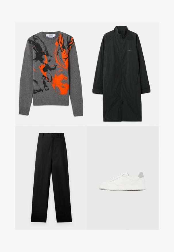 Sort lang frakke med høj krave, der har en fuld frontlynlås og er lavet af let, struktureret stof. Inkluderer ærmer med manchetter og subtil branding.; Grå strikket sweater med et kontrasterende orange og sort abstrakt design. Rund hals og ribbede manchetter og kant. Blød tekstur.; Sorte bukser lavet af bomuld med lige ben-design, der har en frontknaplukning og sidelommer. Glat tekstur, ingen mønstre.; Hvid lavtop-sneaker med gråt hælflig, hvide snørebånd og tekstureret sål, vist på en ensfarvet lys baggrund.
