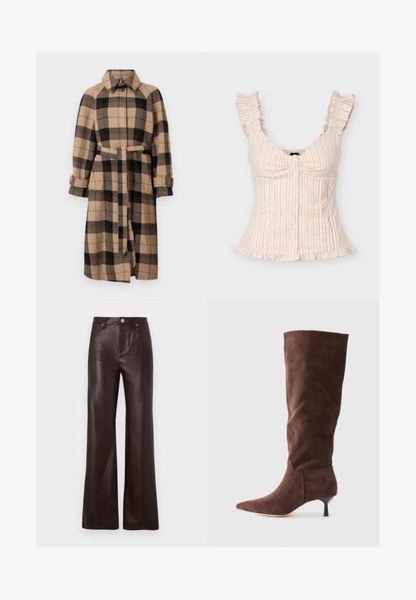 Beige- und schwarzer Karomantel mit tailliertem Schnitt, Knopfleiste und Seitentaschen. Verfügt über einen Kragen und mittellange Ärmel.; Ärmellose beige-weiß gestreifte Bluse mit gerafften Trägern, Knopfleiste vorne, tailliert und mit gerafftem Saum.; Vero Moda Wide-leg VMTESSA High rise - Stoffhose - chocolate torte; Braune Wildleder-Stiefel in Kniehöhe mit spitzem Zehenbereich, schlankem Absatz und glatter Textur; zeichnet sich durch ein tailliertes Design und minimalistische Schneiderkunst aus.