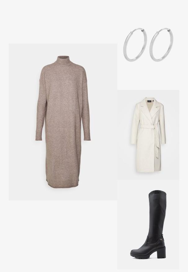 Cremefarvet uldblandingsfrakke med klippet krave, lange ærmer og selvbindende bælte. Har skræddersyet design og forlommer.; Vero Moda Petite VMKADEN HIGHNECK DRESS - Strikkjoler - brown; Sorte knæhøje støvler lavet af glat læder med firkantet tå, kraftig blokhælt og tekstureret gummisål. Har et diskret logodetalje.; Sølv hoops øreringe, cirkulær form, glat skinnende tekstur og ensartet bredde hele vejen igennem. Minimalistisk design uden yderligere accenter.