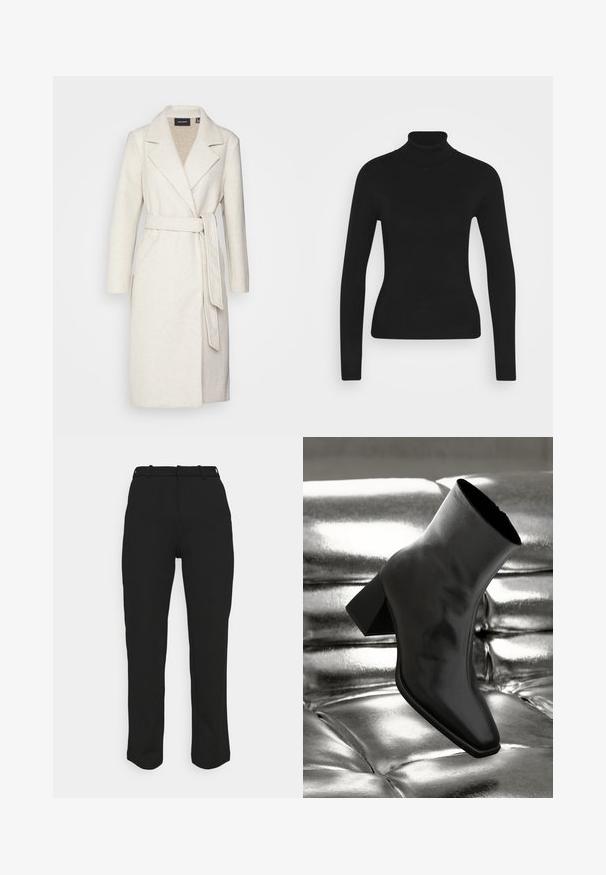 Manteau en laine mélangée crème avec col à revers, manches longues et ceinture à nouer. Présente un design ajusté et des poches avant.; Pull à col roulé noir avec des manches longues, fabriqué à partir d'un tissu en maille lisse. Présente un design ajusté et un col côtelé.; Pantalons noirs ajustés à coupe droite, fabriqués à partir d'un tissu lisse. Comprend des passants de ceinture et une taille propre sans poches visibles.; Botte noire à la cheville en matériau brillant avec un bout carré et un talon effilé, sur un fond argenté brillant et capitonné.