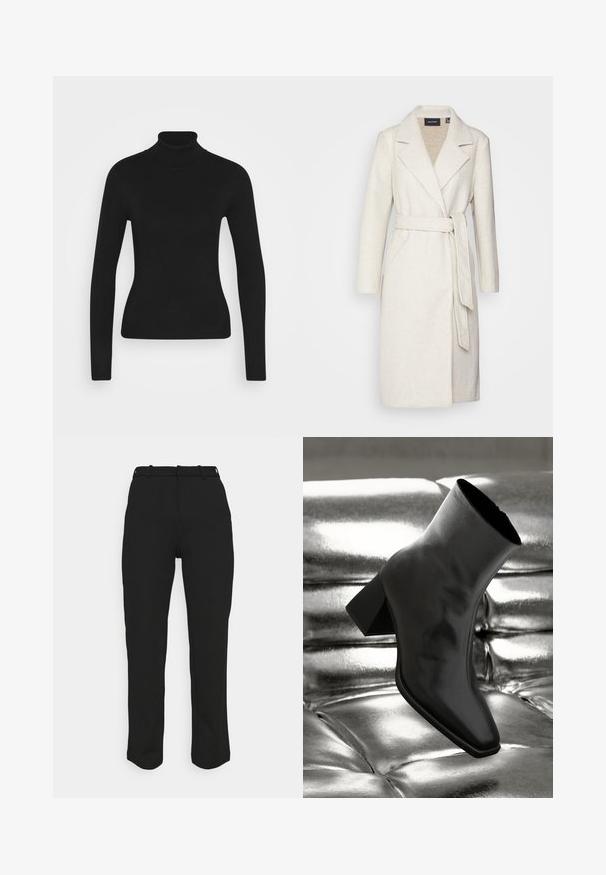 Manteau en laine mélangée crème avec col à revers, manches longues et ceinture à nouer. Présente un design ajusté et des poches avant.; Pull à col roulé noir avec des manches longues, fabriqué à partir d'un tissu en maille lisse. Présente un design ajusté et un col côtelé.; Pantalons noirs ajustés à coupe droite, fabriqués à partir d'un tissu lisse. Comprend des passants de ceinture et une taille propre sans poches visibles.; Botte noire à la cheville en matériau brillant avec un bout carré et un talon effilé, sur un fond argenté brillant et capitonné.