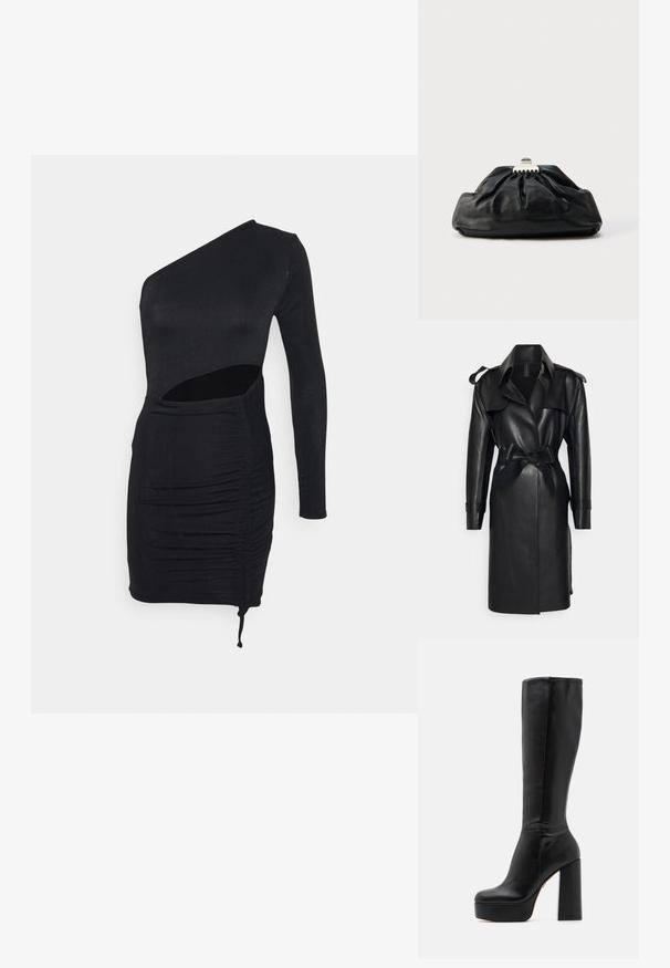 Norma Kamali DOUBLE BREASTED - Trenchcoat - black; IN THE STYLE RUCHED CUT OUT SLINKY MINI DRESS - Jerseykjole - black; Sorte knæhøje støvler lavet af glat læder med en struktureret overflade, der har en høj blokhælkonstruktion og et rundt tådesign.; Sort læderclutch med en samlet tekstur, metal lukning og diskret præget logo på forsiden. Rundet form.