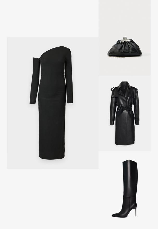 Norma Kamali DOUBLE BREASTED - Trenchcoat - black; Schwarzes, eng anliegendes Langarmkleid mit asymmetrischem Ausschnitt und gerafftem Seitendetail, aus geripptem Stoff gefertigt.; Knöchelhohe schwarze Leder-Stiletto-Stiefel mit spitzem Zeh. Glatte Textur, strukturiertes Design und schmaler hoher Absatz. Keine sichtbaren Beschläge oder Muster.; Schwarze Leder-Clutch mit gerafftem Design, silberner Verschluss-Hardware und Kettenriemen. Dezentes Markenlogo auf der Vorderseite geprägt.