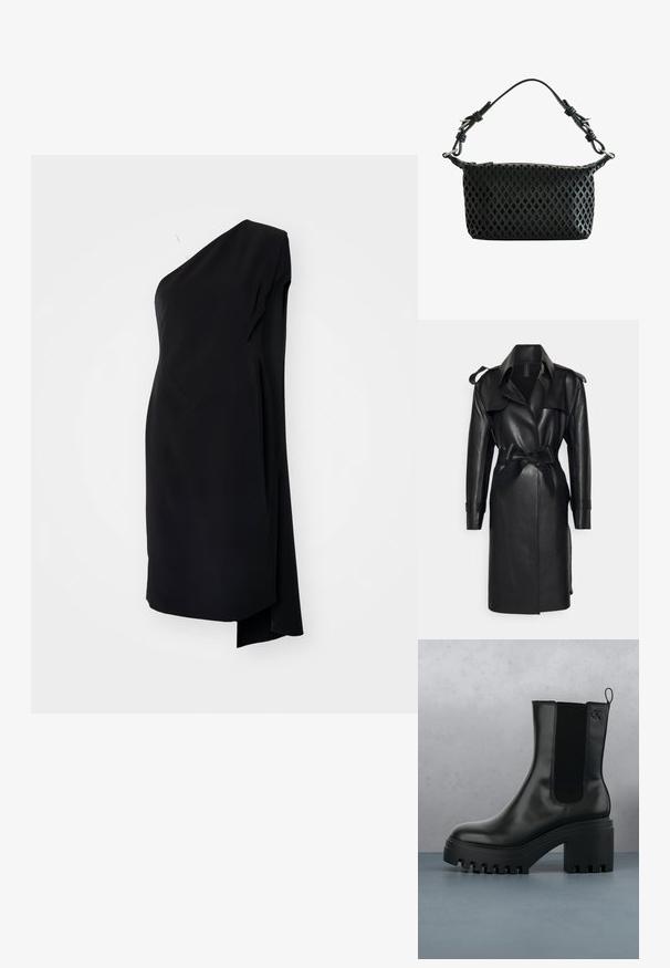 Norma Kamali DOUBLE BREASTED - Trenchcoat - black; Schwarzes asymmetrisches Kleid mit einem Schulterträger, aus glattem Stoff, mit drapierter Gestaltung und seitlichem Schlitz für zusätzliche Details.; Schwarze Leder-Stiefelette mit runder Zehenform, chunky Plateausohle und Netzseiteneinsätzen. Verfügt über eine Zuglasche für einfaches An- und Ausziehen.; Schwarze Handtasche mit diamantgeschnittenem Muster und verstellbarem, geknotetem Trageriemen mit silberfarbener Metallhardware und Reißverschluss oben.