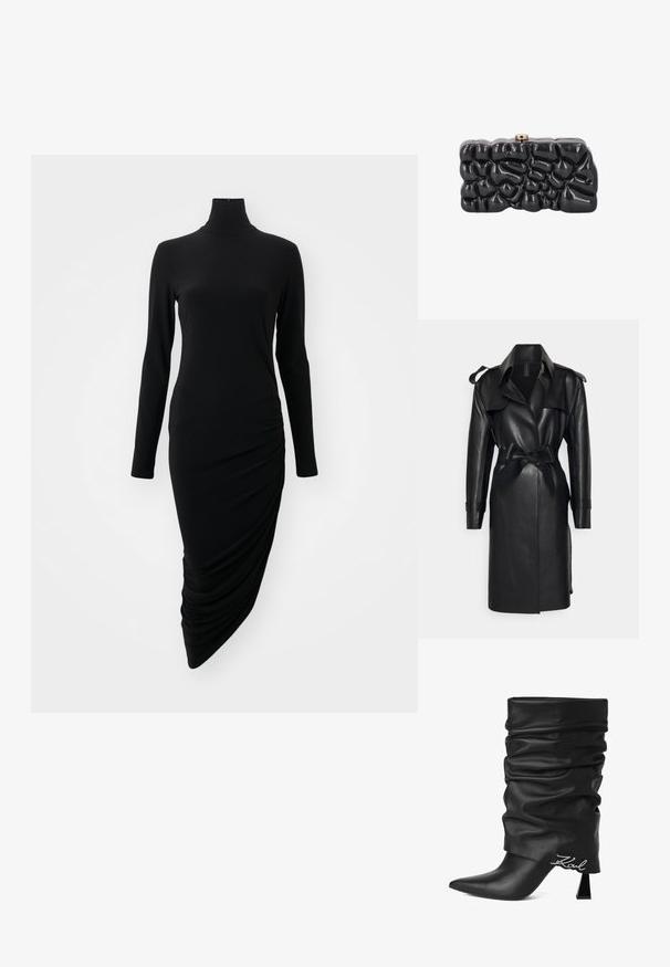Norma Kamali DOUBLE BREASTED - Trenchcoat - black; Zwarte jurk met lange mouwen en een hoge halslijn, met een gerimpeld ontwerp aan één kant, gemaakt van een gladde, rekbare stof.; Zwarte slappe leren laars met hoge hak, puntige neus en zilveren "Karl" logo nabij de hiel op een witte achtergrond.; Glanzende zwarte clutch met een abstract, getextureerd oppervlak en een kleine metalen sluiting bovenop, getoond tegen een witte achtergrond.