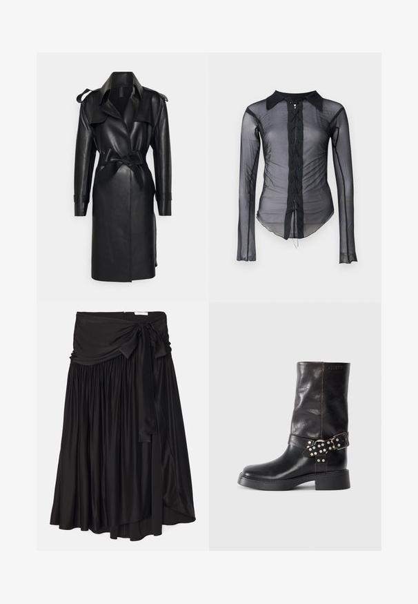Norma Kamali DOUBLE BREASTED - Trenchcoat - black; Schwarze, durchsichtige Langarmbluse mit spitzem Kragen, die eine vordere Schnürung aus Spitze und eine geraffte Textur entlang der Seiten aufweist.; Schwarzer Rock aus glattem, fließendem Stoff; verfügt über einen breiten, drapierten Bund mit einem Band und gefältelten Details für eine luftige Form.; Schwarze Lederstiefelette mit runder Zehenform, stabiler Absatz und dekorativem Schnallenriemen mit silbernen Nieten. Glatte Textur.