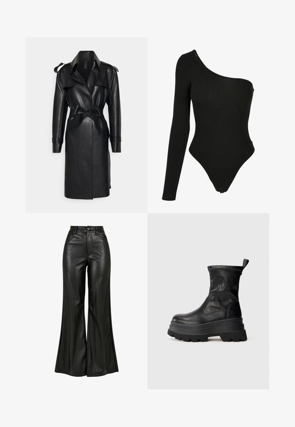 Norma Kamali DOUBLE BREASTED - Trenchcoat - black; Zwart een-schouder bodysuit gemaakt van rekbare stof, met een lange mouw aan één kant, hoge beenopeningen en een aansluitende silhouet.; Zwarte leren flared broeken met een gladde textuur, voorzien van een hoge taille, knoopsluiting en voorzakken. Wijde pijpen en een gepolijste afwerking.; Zwarte leren enkellaars met een stevige, gestructureerde rubberen zool, elastische zijpanelen en een lus aan de achterkant voor gemakkelijk aan- en uittrekken.