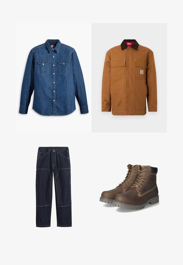 Braune Arbeitsjacke mit dunkelbraunem Cord-Kragen, zwei Pattentaschen auf der Brust und einem kleinen Carhartt-Logo-Patch auf der rechten Tasche.; Dunkelblaue Jeanshemd mit langen Ärmeln, spitzem Kragen und Druckknöpfen. Verfügt über zwei Brusttaschen mit Klappen und kontrastierenden Nähten.; Dunkelblaue Denim-Hosen mit doppelt genähten Nähten, vorn Knopf, Gürtelschlaufen und mehreren verstärkten Taschen an den Beinen.; Braune Leder-Ankle-Boots mit Schnürung, gepolstertem Kragen, kontrastierenden Nähten und rutschfester Gummisohle mit Trittmuster.