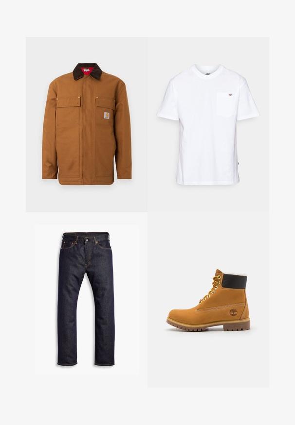 Braune Arbeitsjacke mit dunkelbraunem Cord-Kragen, zwei Pattentaschen auf der Brust und einem kleinen Carhartt-Logo-Patch auf der rechten Tasche.; Weißes Baumwoll-T-Shirt mit Rundhalsausschnitt, kurzen Ärmeln und einer Brusttasche, die auf der linken Seite ein kleines Markenlogo aufweist.; Dunkelblaue gerade geschnittene Jeans aus Denim mit fünf Taschen und orangefarbenen Kontrastnähten, flach auf einem weißen Hintergrund ausgelegt.; Braune Leder-Ankle-Boots mit Metallösen, weißem Kunstfellfutter, schwarzem gepolstertem Kragen, robustem Sohlenprofil und geprägtem Logo an der Seite.
