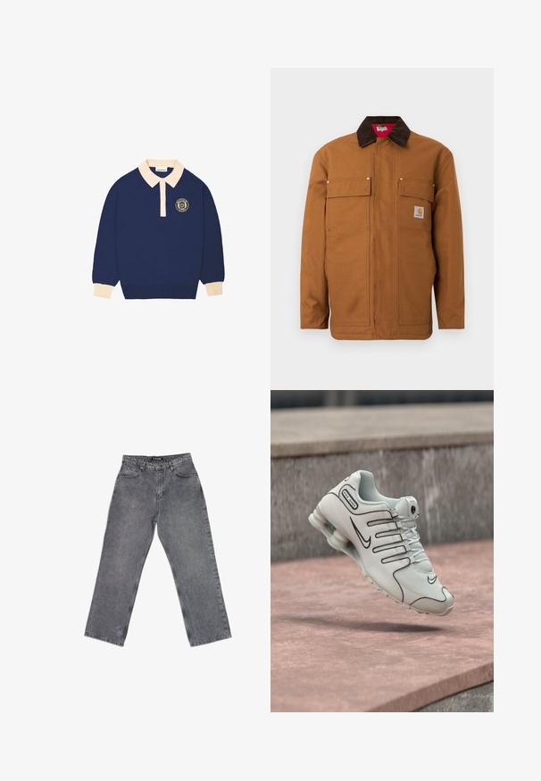Chaqueta de trabajo marrón con cuello de pana marrón oscuro, dos bolsillos con solapa en el pecho y un pequeño parche con el logo de Carhartt en el bolsillo derecho.; Camisa polo de manga larga en color azul marino con collarete y puños en color beige, que presenta un emblema redondo con texto en el lado izquierdo del pecho.; Vaqueros de denim grises de tiro alto y pernera recta con bolsillos delanteros, trabillas para cinturón, cierre de botón y costuras visibles sobre fondo blanco.; Zapatilla Nike Shox blanca con logo negro y suela acolchada, posicionada en el aire sobre una superficie de concreto rosa.