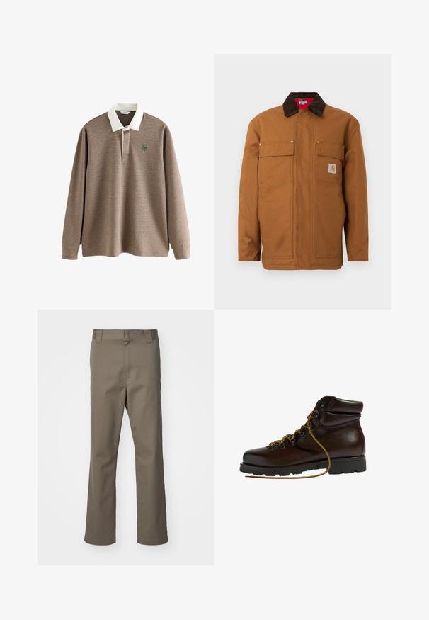 Veste de travail marron avec col en velours côtelé marron foncé, deux poches à rabat sur la poitrine, et un petit écusson logo Carhartt sur la poche droite.; Chemise de rugby à manches longues à carreaux marron avec col blanc et logo "N" vert brodé sur le côté gauche de la poitrine.; Pantalons marron à jambes droites avec passants de ceinture, fermeture éclair à l'avant et sans poches visibles, présentés sur un fond blanc.; Bottine de randonnée en cuir marron avec un bout arrondi, surface texturée, lacets jaunes et œillets en métal. Dotée d'une semelle en caoutchouc noir robuste.