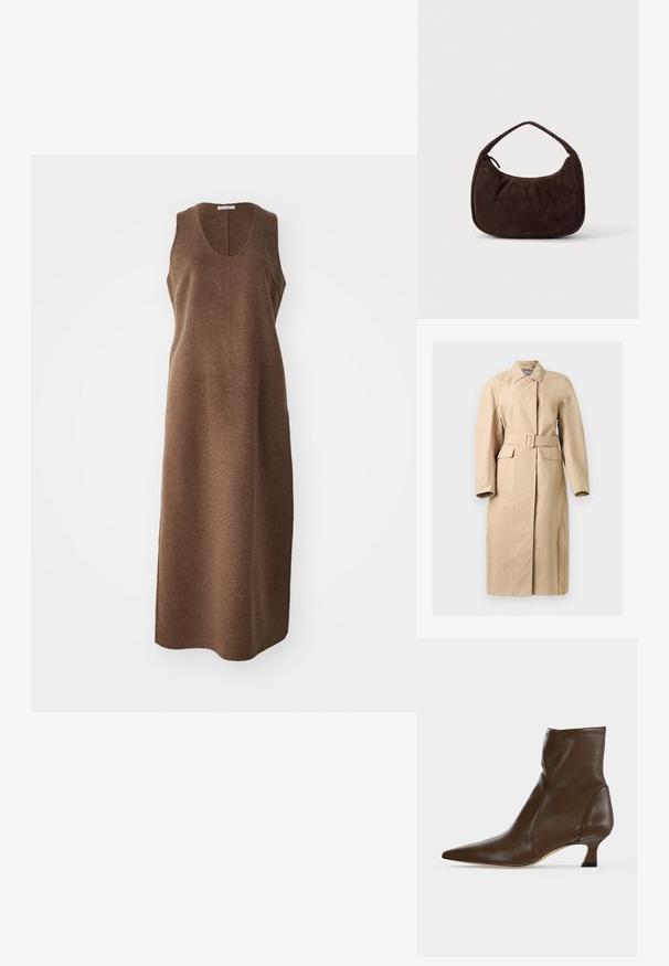 Beige lange trenchcoat met een getailleerde pasvorm, voorzien van een ceintuur in de taille, klepzakken, een kraag met knopen en zijsplitten.; Mouwloos, knielang bruin wollen kleed met een ronde halslijn en een rechte, iets aangesloten snit.; Bruine leren enkellaars met puntige neus en lage, gebogen hak op een lichte achtergrond.; Donkerbruine suède handtas met een korte riem en afgeronde rechthoekige vorm op een effen lichte achtergrond.