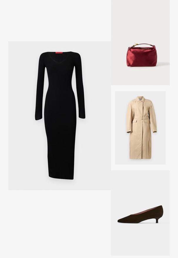Abrigo trench largo beige con cintura ceñida con cinturón, bolsillos con solapa, cuello con botones y aberturas laterales, diseñado para un ajuste entallado.; Vestido negro de manga larga con textura acanalada, escote en V y silueta ajustada, que llega hasta la mitad de la pantorrilla. La textura suave resalta un diseño elegante.; Zapato de ante marrón oscuro con tacón bajo de tipo kitten, puntera puntiaguda y tacón delgado ligeramente curvado sobre un fondo claro.; Bolso de cosméticos de satén burdeos con forma rectangular, cierre de cremallera y un mango corto. Presenta un diseño minimalista y una textura suave.