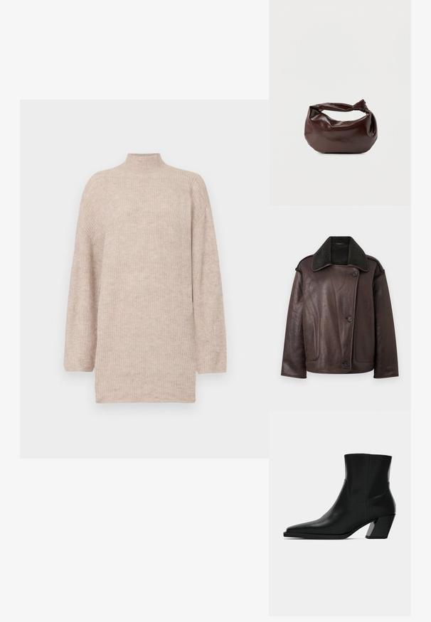 Veste en cuir marron avec un col doux et sombre. Comprend deux boutons à l'avant, une coupe ample et une texture lisse avec des détails de couture visibles.; Pull col montant beige avec des épaules tombantes, fabriqué en maille côtelée. Coupe décontractée avec des manches longues et une texture lisse.; Bottine en cuir noir avec un bout pointu, une silhouette élégante et un talon carré massif. Texture lisse avec des détails de couture minimalistes.; Sac bandoulière en cuir marron foncé avec une forme souple et décontractée et une anse nouée torsadée sur un fond blanc uni.