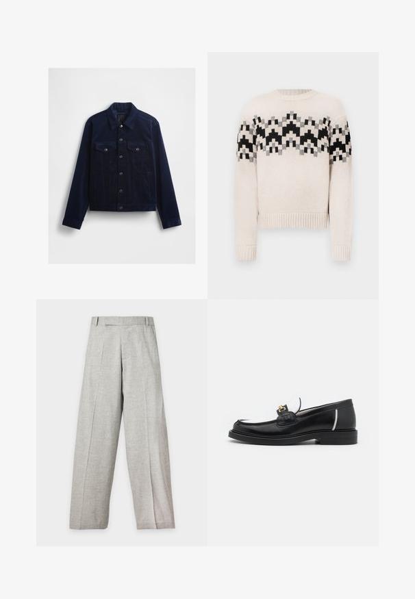 Mørkeblå fløjlsjakke med knaplukning foran, to brystlommer og en klassisk krave. Glat tekstur og skræddersyet pasform.; Beige strikket sweater med sort, grå og beige geometrisk mønster over brystet og ærmerne, med ribbede manchetter og kant.; Lysegrå bukser med vide ben, forreste plisseringer, bæltestropper og lige snit, vist mod en ensfarvet hvid baggrund.; Sort læder loafers med rund tå, hvide detaljer og guldbelagte metaldele på vamps. Har et struktureret patch og stablet hæl.