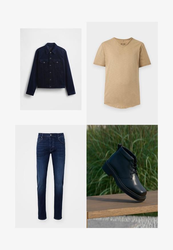 Dunkel marineblaue Cordjacke mit Knopfleiste, zwei Brusttaschen und klassischem Kragen. Glatte Textur und maßgeschneiderte Passform.; Beiges Herren-T-Shirt mit kurzen Ärmeln und V-Ausschnitt, schlanker Passform und feiner Struktur, flach vor weißem Hintergrund dargestellt.; Dunkelblaue Slim-Fit Denim-Jeans mit Knopf vorne, Taschen, Gürtelschlaufen und dezenten Ausbleichungen an den Beinen.; Schwarze Leder-Ankle-Boots mit glatter Oberfläche, runder Spitze und kontrastierendem braunem Absatz. Schnürsenkel und Nähdetails sind sichtbar.