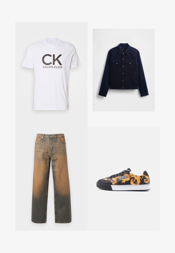 Dunkel marineblaue Cordjacke mit Knopfleiste, zwei Brusttaschen und klassischem Kragen. Glatte Textur und maßgeschneiderte Passform.; Weißes Baumwoll-T-Shirt mit einem großen schwarzen "CK"-Logo und dem Text "CALVIN KLEIN" darunter. Klassischer Rundhalsausschnitt und kurze Ärmel.; Weite Jeans aus verwittertem blauem und braunem Denim. Sie haben eine hohe Taille, Vorderseiten-Taschen und einen klassischen Knopfverschluss mit metallischen Akzenten.; Schwarzer Sneaker in niedrigem Schnitt mit weißer Sohle, verziert mit goldenen Barockmustern und dem Logo "Versace Jeans Couture" an der Seite.