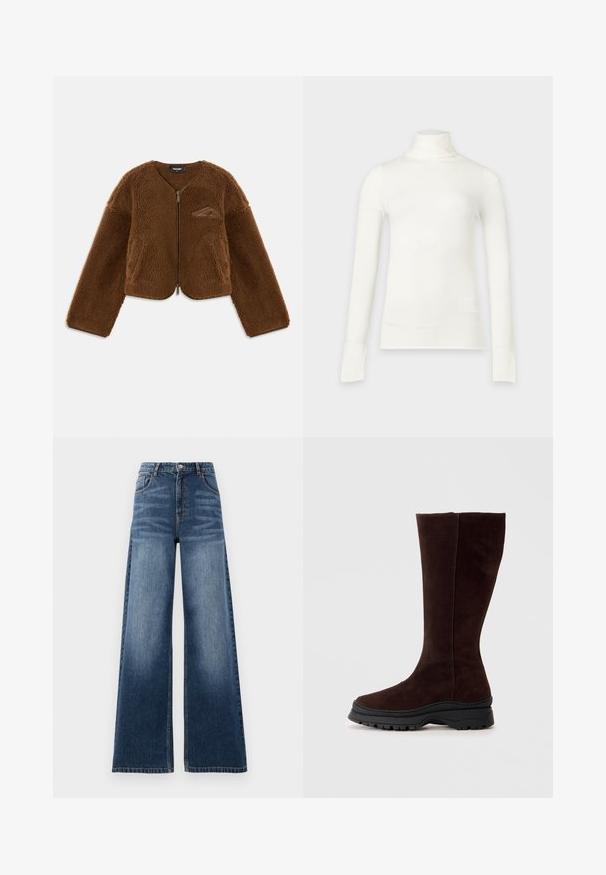 Brun fleecejakke med rund hals, lynlås foran og frontlommer. Har en struktureret overflade og et lille logo detaljeret på brystet.; Hvid turtleneck-shirt med lange ærmer og slank pasform, vist mod en lysegrå baggrund.; Vide ben denim jeans i mellemblå, med høj talje, slidte detaljer og klassisk fem-lomme design med syede accenter.; Brune ruskind knæhøje støvler med rund tå, chunky sort gummisål og minimale syninger på den øverste del.