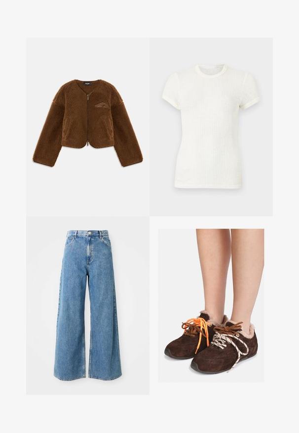 Brun fleecejakke med rund hals, lynlås foran og frontlommer. Har en struktureret overflade og et lille logo detaljeret på brystet.; Hvid ribstrikket t-shirt med korte ærmer, rund halsudskæring og let puffede ærmer.; Højtaljede lyseblå brede denim jeans med frontknap, lynlås og forlommer på en hvid baggrund.; Brune ruskinds slipsko med pelsfoder, båret uden sokker, med forskelligfarvede snørebånd: et orange og et hvidt med sorte striber.
