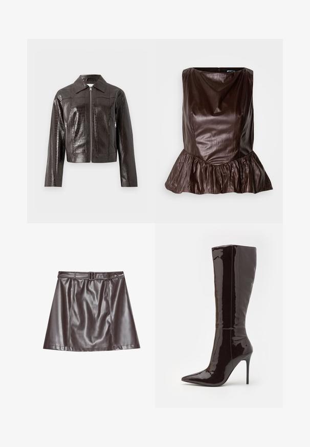 Veste en cuir synthétique noir brun foncé effet crocodile avec fermeture éclair sur le devant, col, manches longues et poches latérales zippées.; Haut peplum en cuir marron avec un col rond, une surface texturée et un volant évasé au niveau de l'ourlet. Design épuré et minimaliste.; Mini-jupe en cuir synthétique brun avec une taille ajustée, une grande boucle de ceinture et des plis subtils, présentant une texture lisse et brillante.; Even&Odd by Zalando Bottes à talons hauts - dark brown