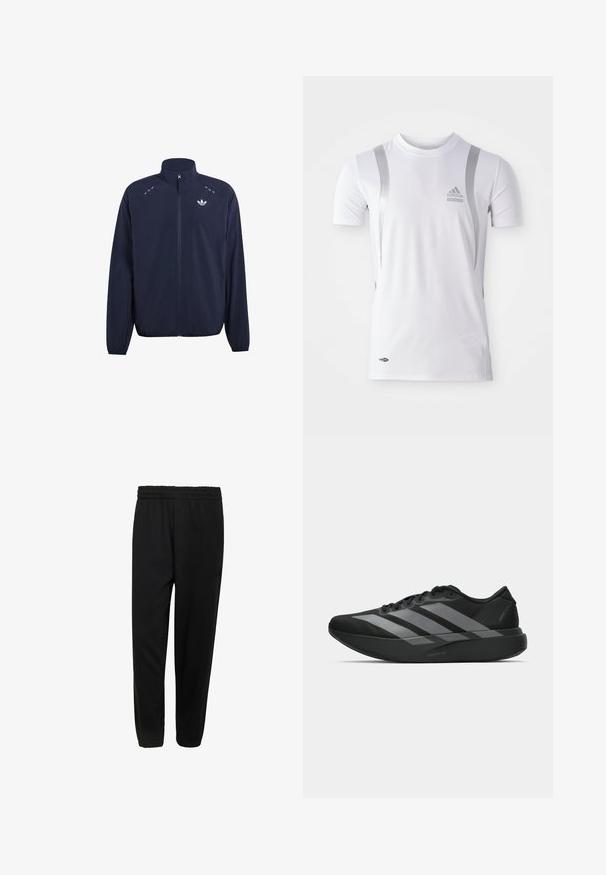 Marineblauwe trainingsjas met volledige ritssluiting, opstaande kraag, elastische manchetten en zoom, Adidas Trefoil-logo op de linkerborst en reflecterende stikdetails.; Wit sportshirt met korte mouwen en zilveren accenten, met een ronde hals en een Adidas-logo op de borst. Gemaakt van vochtafvoerend materiaal.; Zwarte sweatpants met elastische taille, een ontspannen pasvorm en elastische boorden, ontworpen voor casual gebruik.; Zwarte sportieve schoenen met een lichtgewicht ontwerp, voorzien van drie opvallende grijze strepen, een gladde textuur en een gevormde zool.