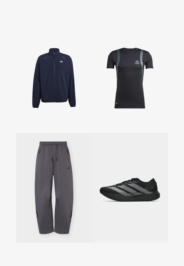 Veste de survêtement bleu marine à fermeture éclair intégrale avec col montant, poignets et ourlet élastiques, logo Adidas Trefoil sur le côté gauche de la poitrine et détails de coutures réfléchissantes.; T-shirt de sport noir à manches courtes avec des accents gris, fabriqué en tissu extensible. Présente un logo Adidas sur la poitrine gauche et une marque Techfit.; Pantalon de sport ample gris foncé avec taille élastique, cordons, poches latérales zippées et logo discret de la marque sur la cuisse gauche.; Chaussures de sport noires au design léger, présentant trois rayures grises marquées, une texture lisse et une semelle profilée.