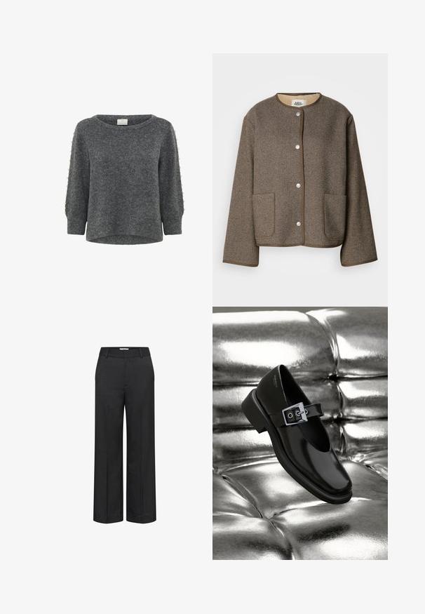 Brun vævet jakke med et struktureret herringbone-mønster, rund halsudskæring, knaplukning og to forlommer med kontrasterende kant.; Kaffe KABETTY - Striktrøje - grey melange; Vide benbukser i mørkegrå, lavet af tekstureret stof. Har en glat elastik i taljen og en forkantede knæk for et skræddersyet udseende.; Sorte læder Mary Jane sko med firkantet tå, en sølv spænde accent og en chunky lav hæl, sat mod en glansfuld sølv baggrund.